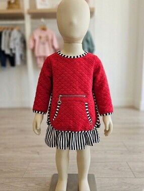 Deux Par Deux Red Quilted Tunic Dress With Stripes. Size 6 Months